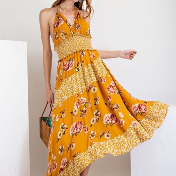easel Dresses Easel Mustard Floral Asymmetrical Halter Dress Poshmark